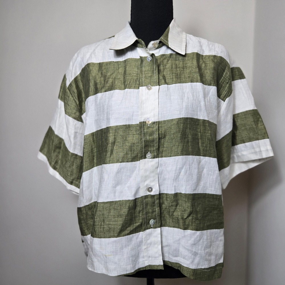 Croche Striped Button Down  Womens M Green White Good Linen Blend Italy (T7)
